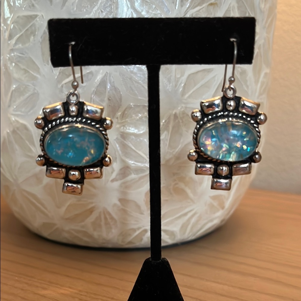 Elegant Silver and Blue Opal Look Pierced Earrings